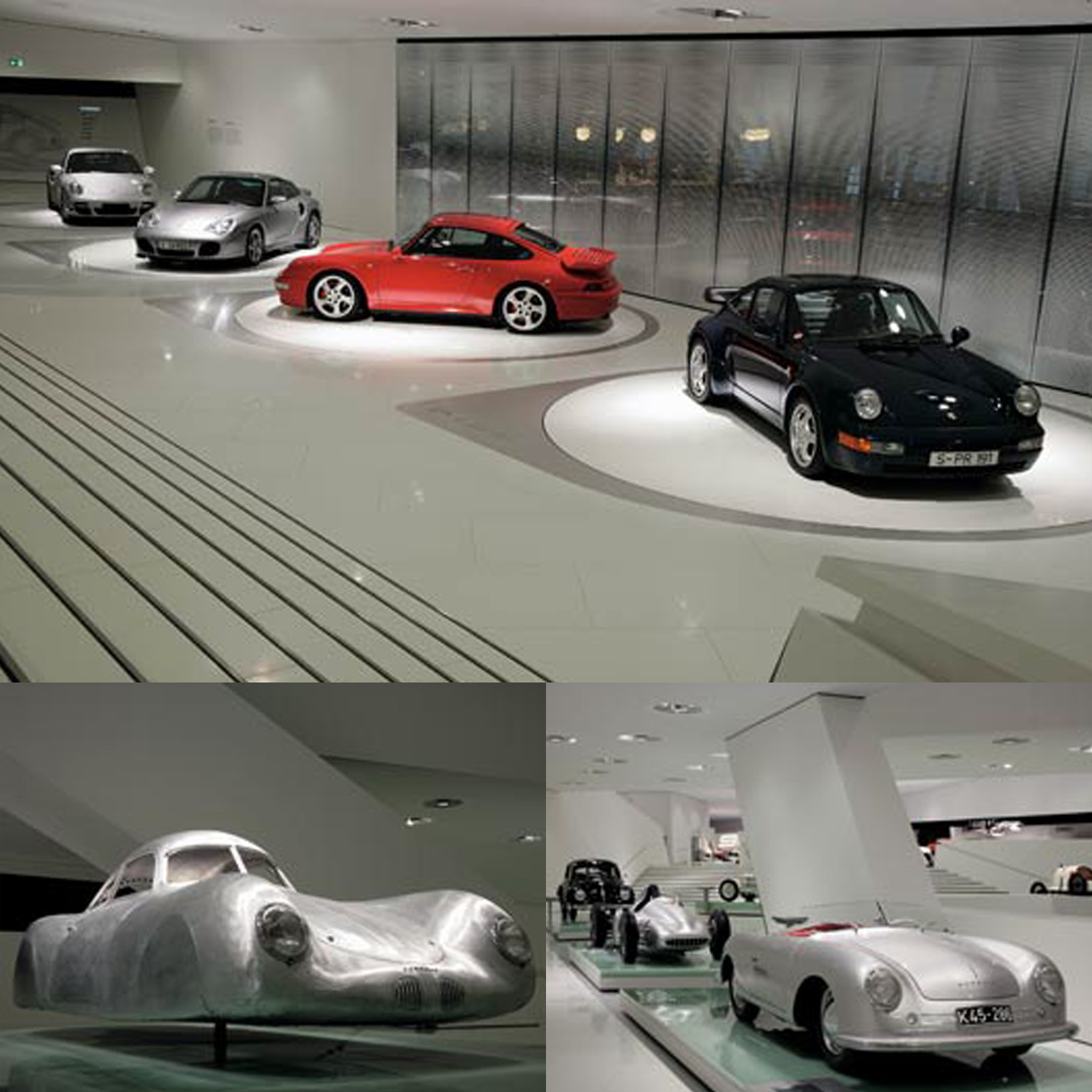 （上）「ポルシェ911とその進化」の展示フロア。（下左）すべてのスポーツカーの原型ともいえる『ポルシェ　タイプ64』。（下右）写真奥から『VWビートル』、『タイプ　360 チシタリア』、『ポルシェ“No.1”ロードスター』。