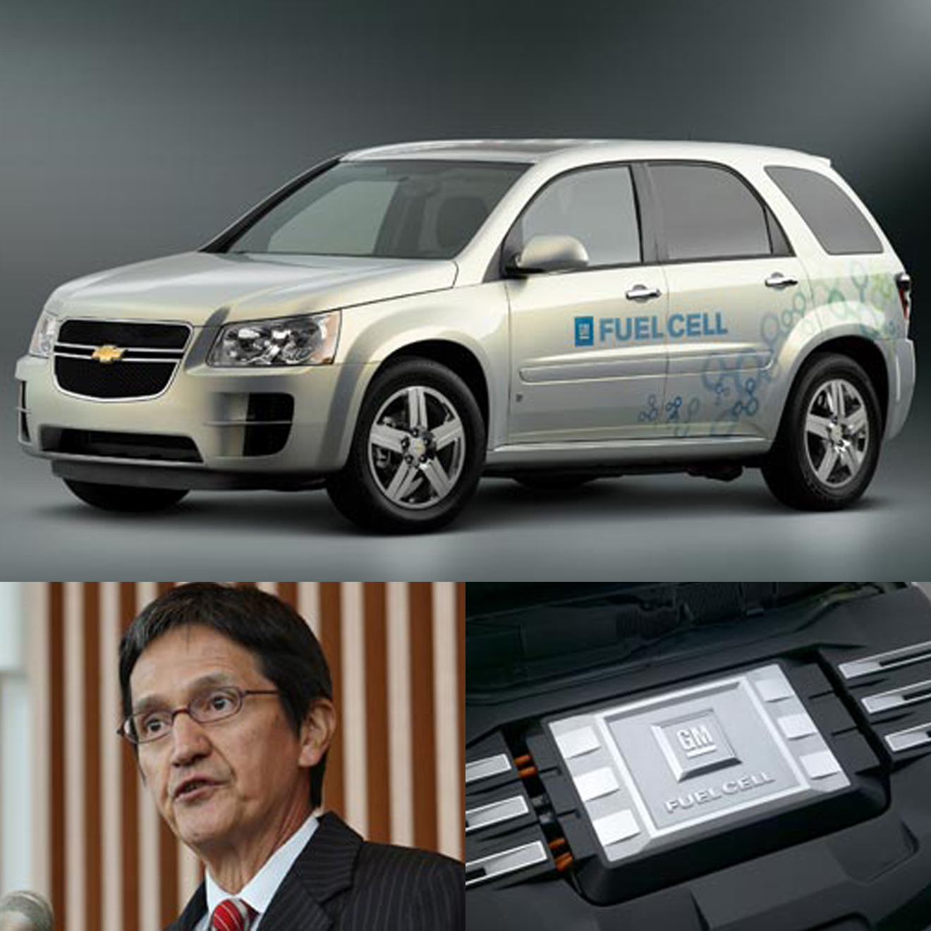 （上）燃料電池車「シボレー・エクイノックス」外観。（左）戦略ビジョンを語るゼネラルモーターズ・アジア・パシフィック・ジャパン代表取締役リック･ブラウン氏。（右）GM第4世代燃料電池システム。