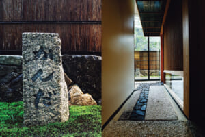 日本料理かんだ。（左）「かんだ」の文字を彫った石碑／（右）店の入り口と、カウンターを備える部屋をつなぐ通路