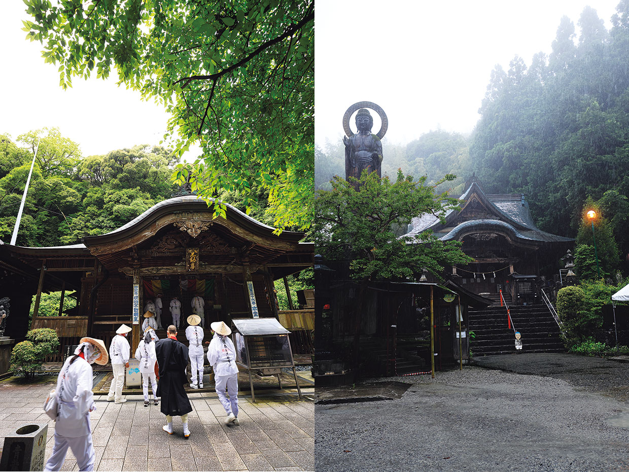 （左）青龍寺。（右）清瀧寺に立つ、本堂より高い大きな薬師如来像